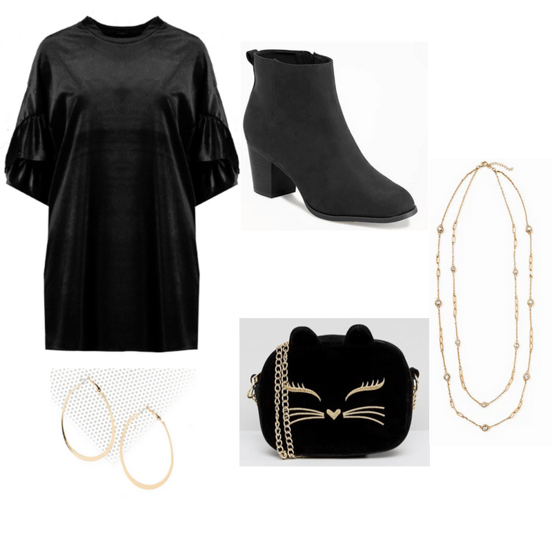 An outfit spread featuring a black velvet dress, black boots, gold hoop earrings and long gold chain necklace, and black velvet cat purse with a gold face.