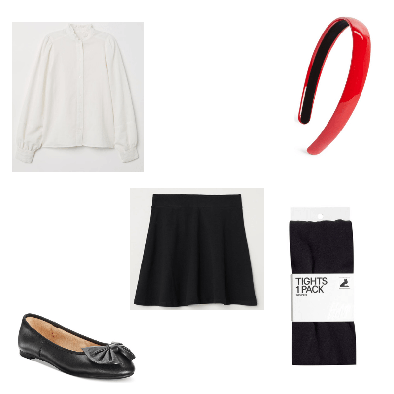 Blair Waldorf-inspired outfit with white blouse, black skirt, black tights, ballet flats with bows, and red headband