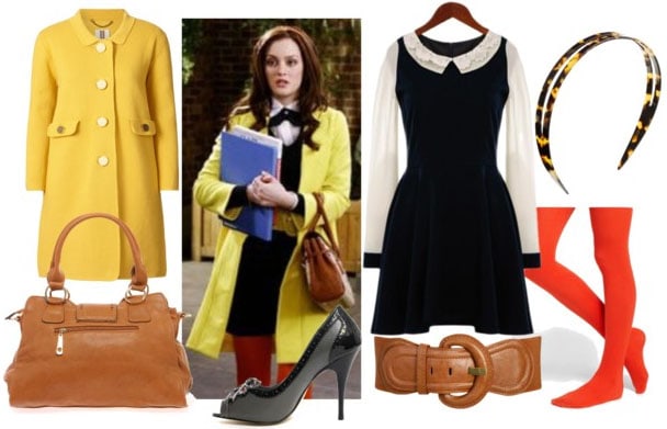 Blair waldorf look 2: collared schoolgirl dress, red tights, brown belt, brown satchel, yellow peacoat, oxford pumps, and tortoiseshell headband