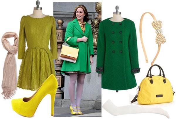 Blair waldorf outfit 3: Green coat, light colored tights, yellow shoes, green dress, yellow handbag, headband