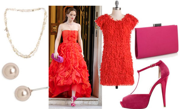 Blair Waldorf outfit 4: Inspired by Blair's red strapless gown - red ruffle dress, pink t-strap heels, pink clutch, pearl studs, layered necklace