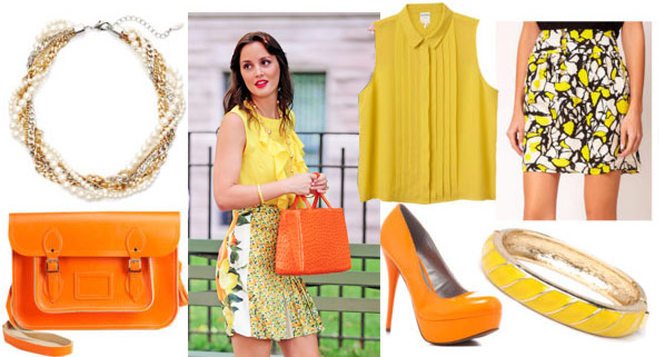 Blair waldorf outfit 5: Inspired by Blair's yellow ruffle tank, floral skirt, and orange bag - Yellow sleeveless blouse, yellow patterned skirt, orange pumps, orange tote bag, yellow bangle, necklace 