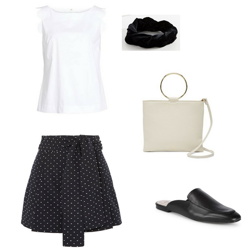 Blair Waldorf summer outfit inspired by Blair's summer style: White scalloped sleeve tank top, black and white polka dot skirt, black leather loafer mules, black headband, preppy handbag