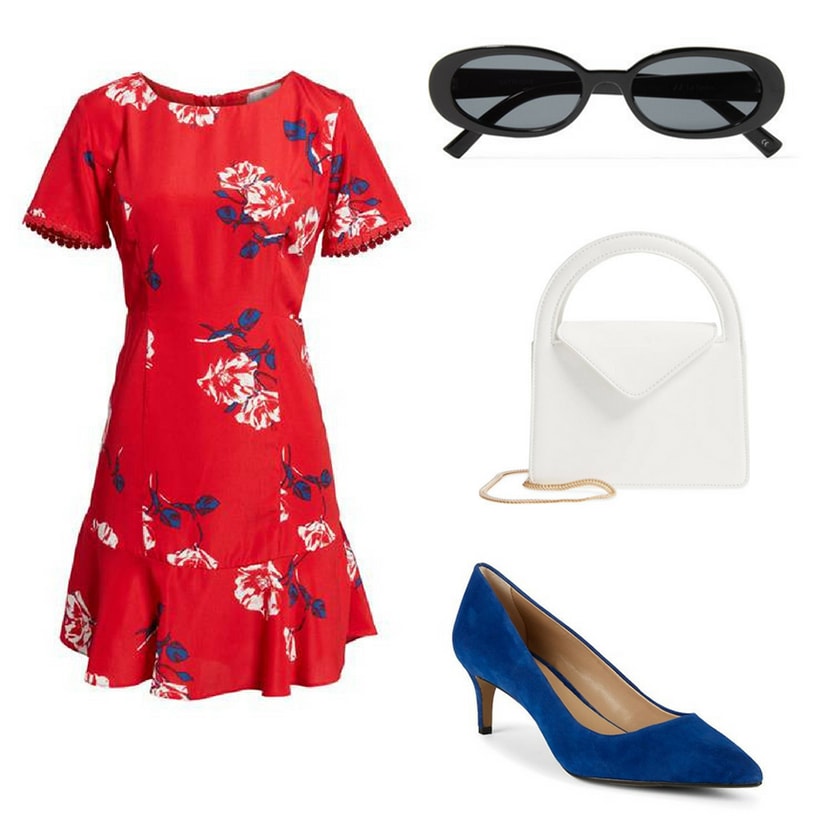 Blair Waldorf summer outfit inspired by Blair Waldorf's summer style on Gossip Girl: Red floral dress with ruffle, classic sunglasses, white envelope handbag, blue suede pumps