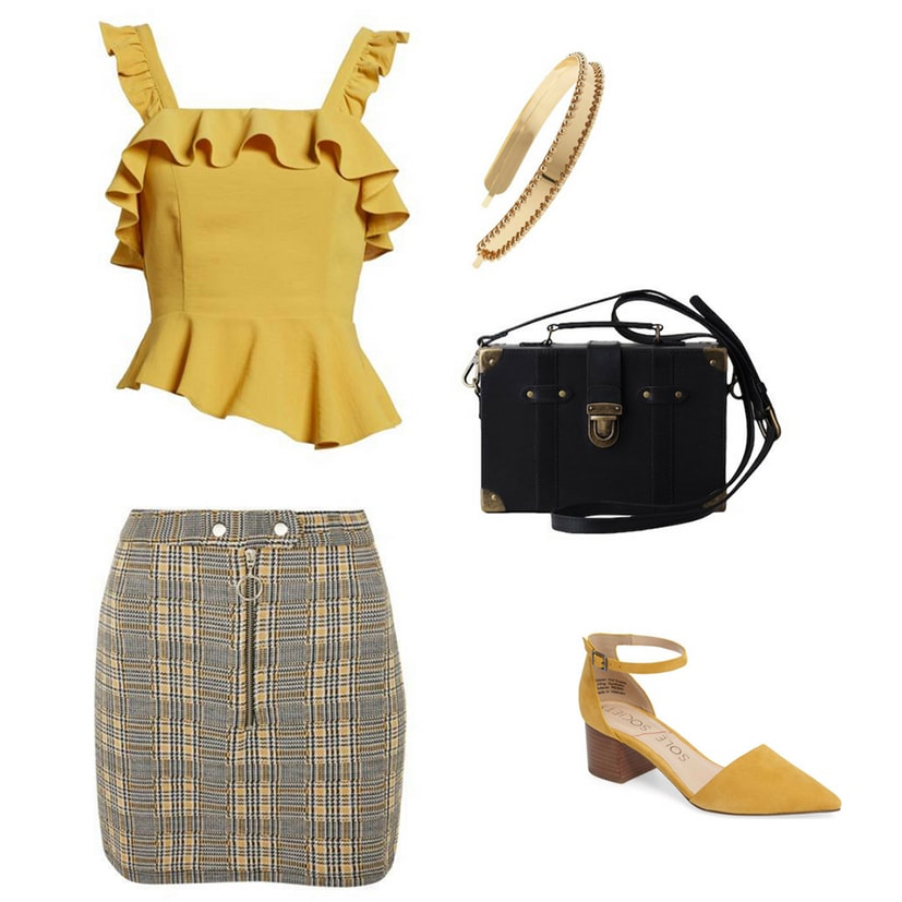 Blair Waldorf summer outfit inspired by Blair's style on Gossip Girl: Yellow and black plaid skirt, yellow ruffle tank top, black turnlock handbag, mustard yellow pointed toe sandals