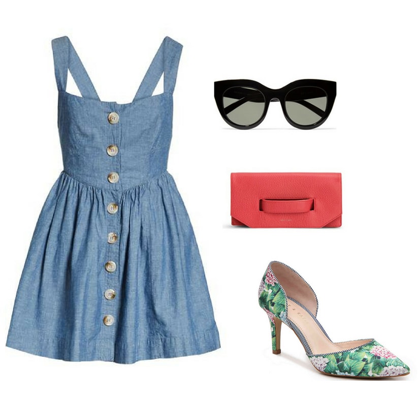 Outfit inspired by Blair Waldorf's preppy summer style: Chambray dress, oversized sunglasses, red clutch, floral d'orsay pumps