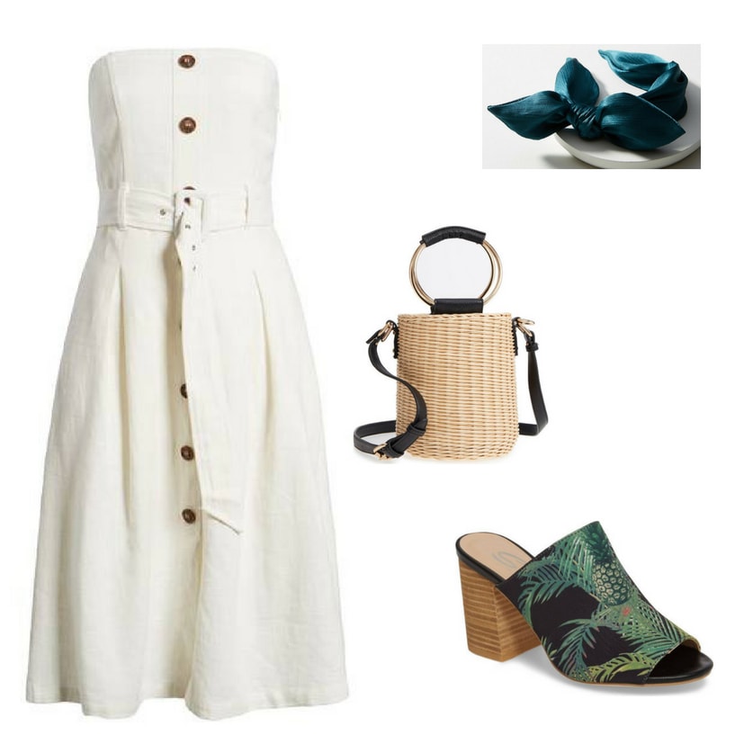 Outfit inspired by Blair Waldorf's summer style on Gossip Girl: White strapless dress with buttons, straw handbag with ring detail, teal blue silk headband, tropical print open toe high heeled mules