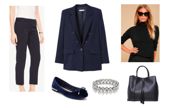 Oversized blazer outfit for day: Navy oversized blazer, black turtleneck, navy pinstripe trousers, navy ballet flats, tote bag