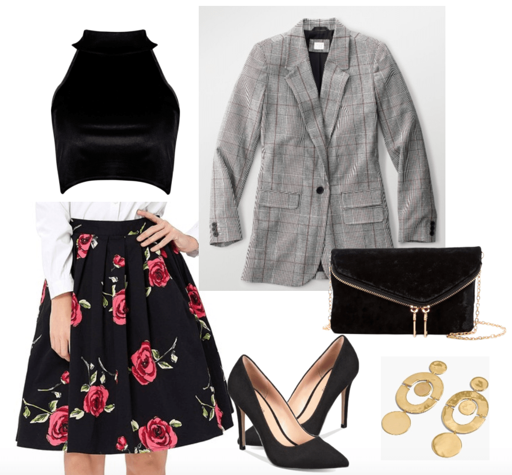 How to wear plaid blazer: Grey plaid blazer for date time including velvet crop top and floral circle skirt.