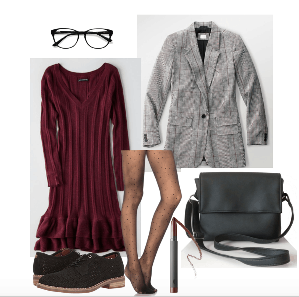 How to wear plaid blazer: Grey plaid blazer for work with burgundy sweater dress and glasses.