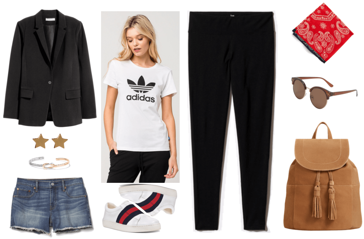 "Ask CF: How Do I Make a Black Blazer Look Less Formal?" Outfit #3 featuring black blazer, gold star stud earrings, silver and gold knot cuff bracelet, denim cut-off shorts white t-shirt with black Adidas logo, white slip-on sneakers with black and red stripes, black leggings, red bandana with white print and navy blue trim, brown retro-style sunglasses with gold hardware, brown backpack with fringe ties