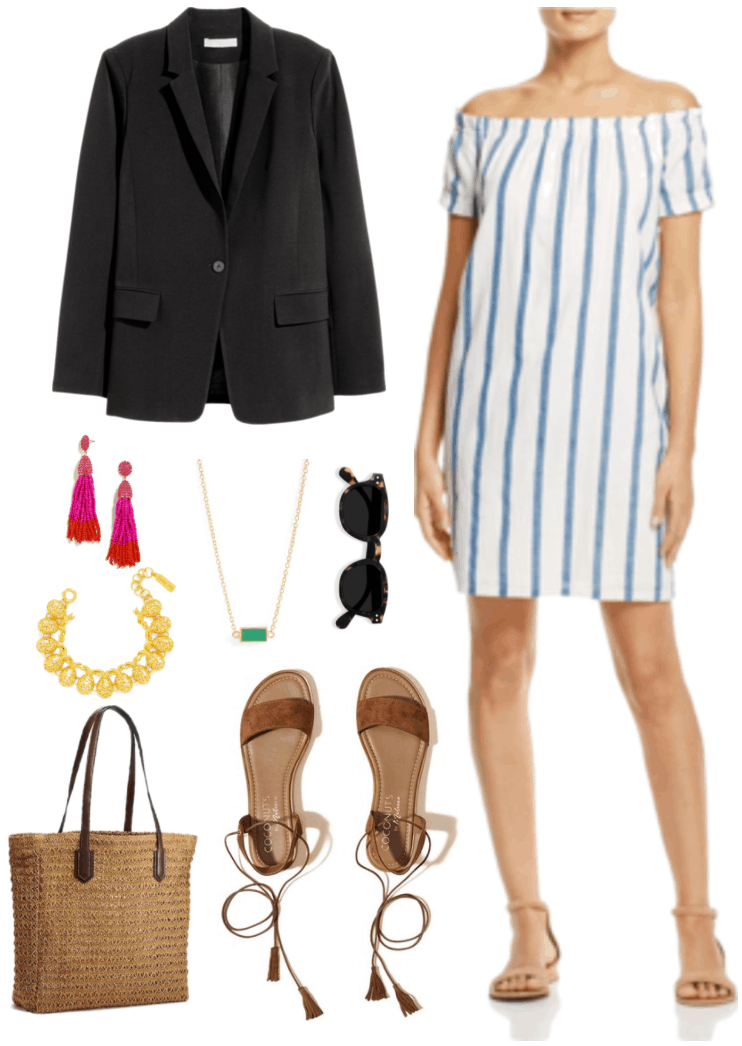 "Ask CF: How Do I Make a Black Blazer Look Less Formal?" Outfit #4 featuring black blazer, pink and orange beaded tassel earrings, gold pineapple bracelet, green quartz gold pendant necklace, tortoise wayfarer sunglasses, tan straw tote with brown faux leather handles, brown fringe detail tie-up sandals, white off-the-shoulder dress with blue vertical stripes