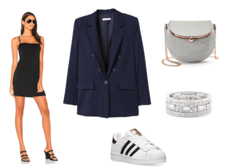 Oversized blazer outfit for night: Oversized navy blazer, black body con dress, Adidas superstar sneakers, gray chain strap bag