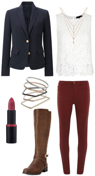 Cute outfit idea: Navy blazer, white lace top, burgundy red pants, riding boots