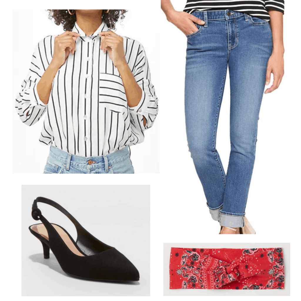 White striped button down blouse with cuffed jeans, black kitten heels, and red bandana