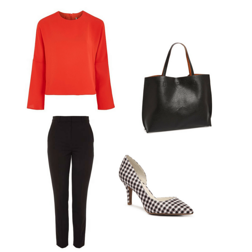 Fashion interview outfit: blouse, heels, tote, pants