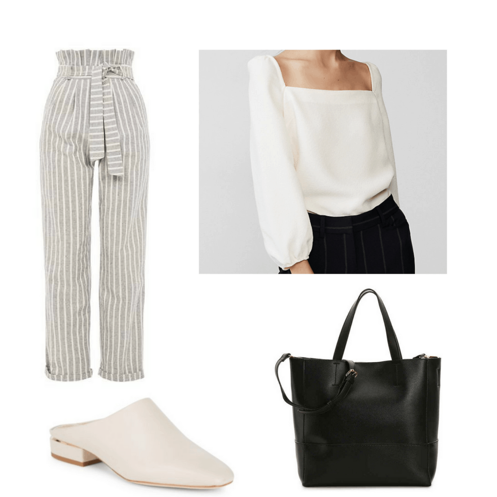 Fashion interview outfit: Paperbag pants, blouse, mules, tote bag