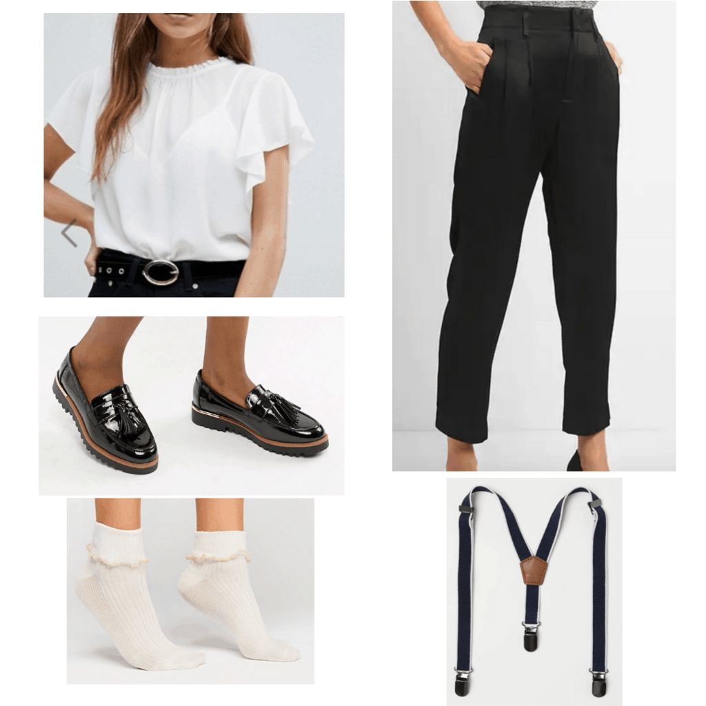 White ruffled blouse with black trousers, black chunky loafers, white ruffled socks, and suspenders