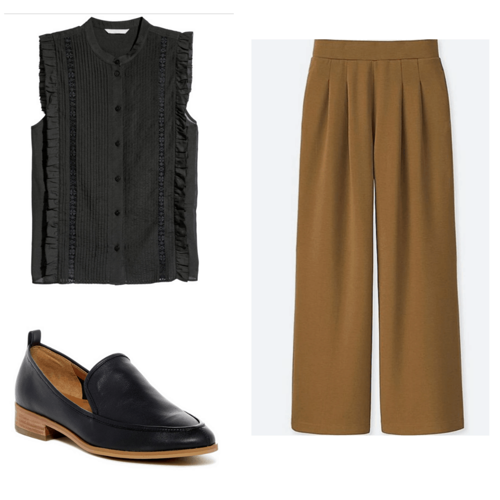 Black short-sleeved blouse with brown wide-legged trousers and brown/black loafers