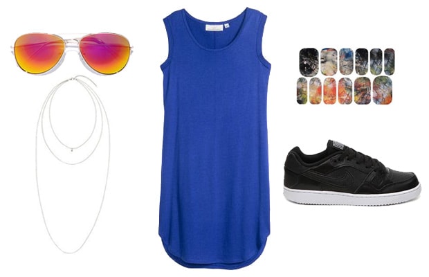 Blue dress and orange sunglasses sneaker outfit