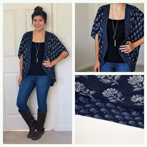 Blue floral kimono brown sorel boots black tank