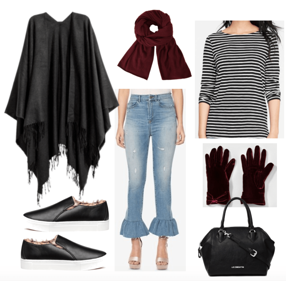 Outfit including denim ruffled jeans and a black fringed cape.