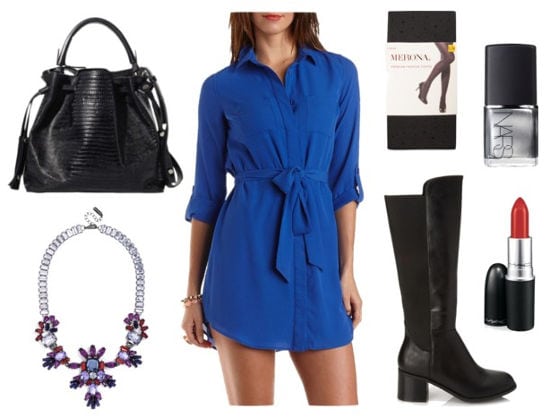 Blue shirtdress black boots printed tights