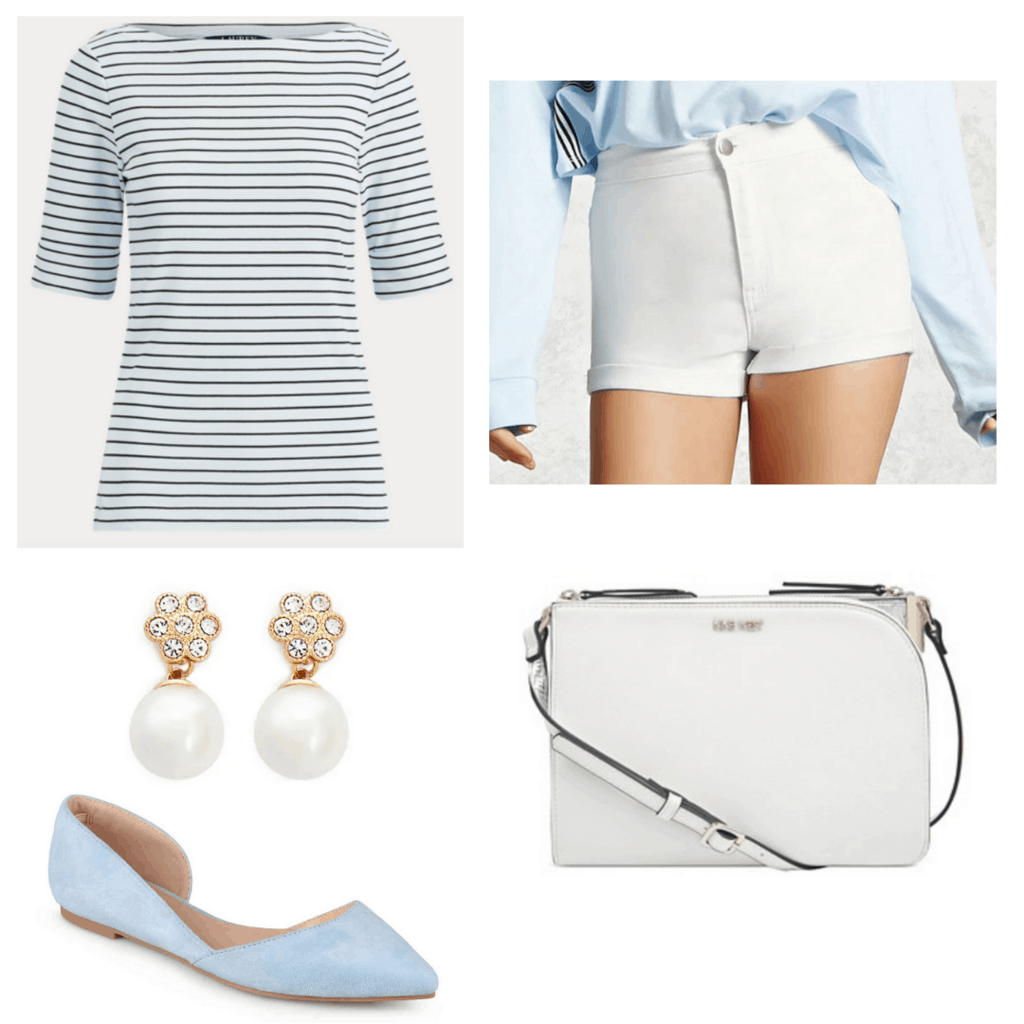 Blue striped boatneck top with white shorts, pearl earrings, white bag, and blue flats.