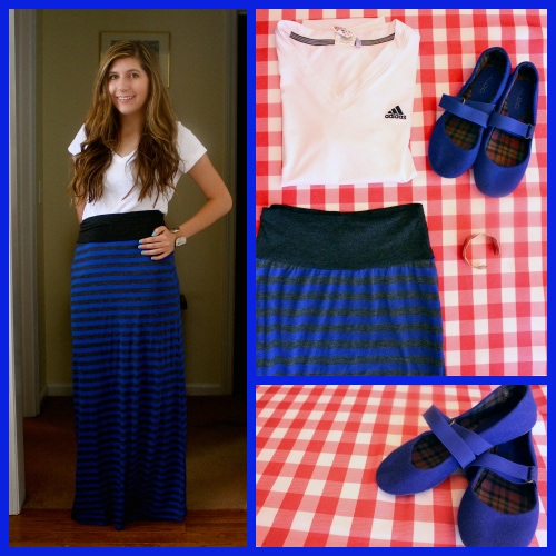 Blue striped maxi skirt white v neck blue ballet flats 4th july outfit