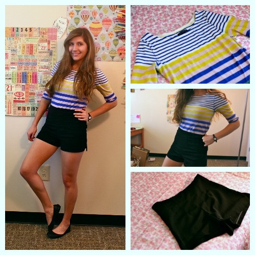 Blue striped top high waisted black shorts black ballet flats