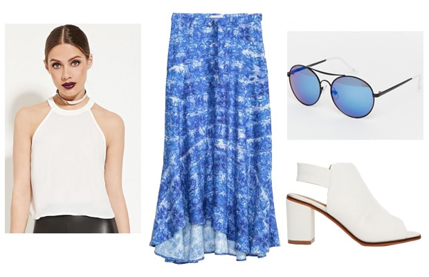 Blue water pattern maxi skirt outfit