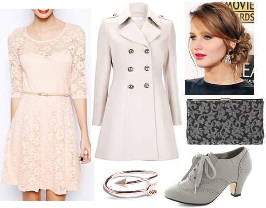 Blush lace dress, gray lace up oxfords, peacoat, clutch