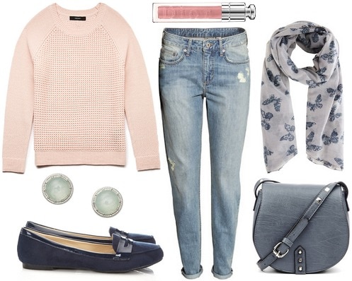 Blush sweater, boyfriend jeans, loafers, gray scarf and bag