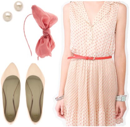 Outfit inspired by Bo Peep from Disney's Toy Story - polka dot dress, bow headband, pearl studs, cute flats