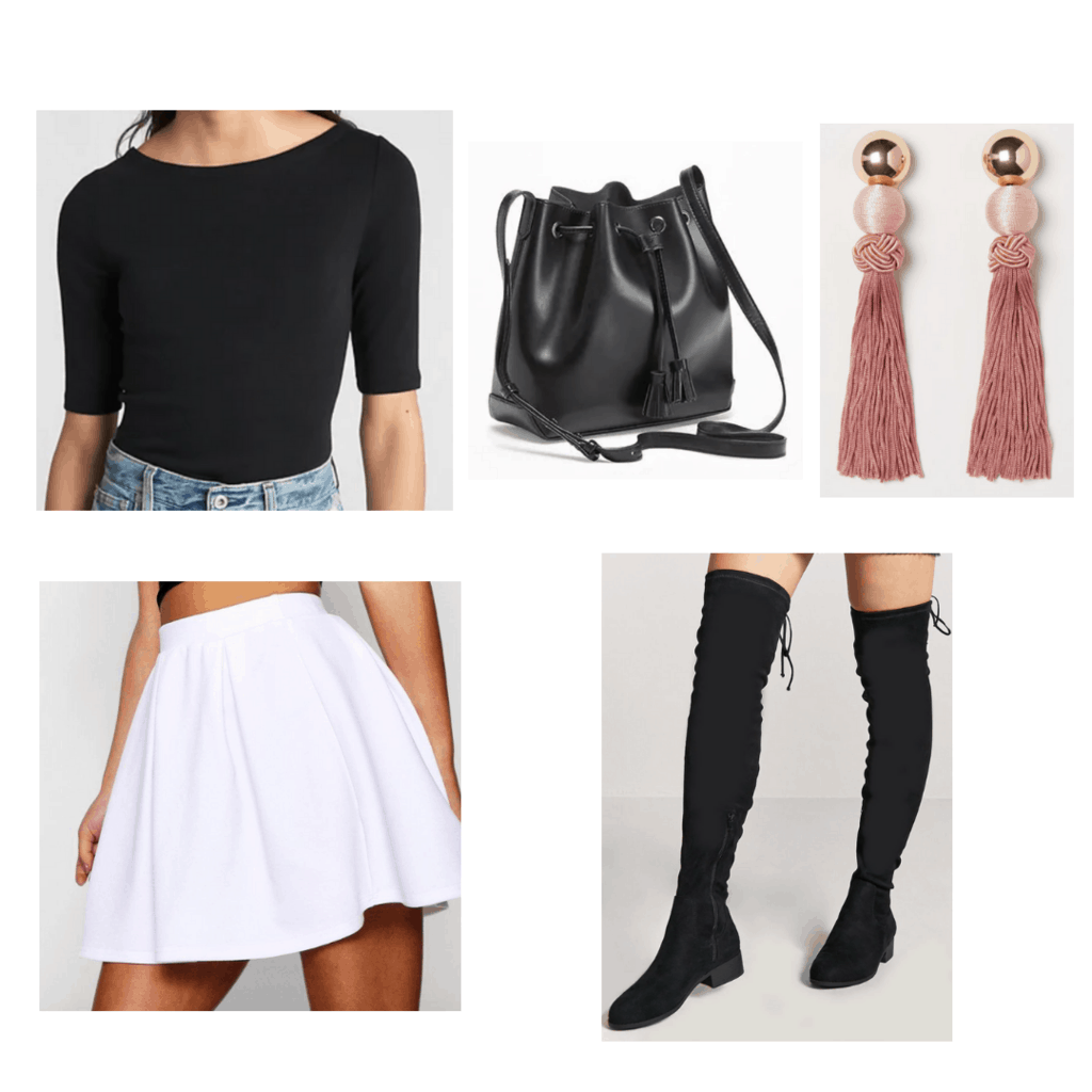 Black boatneck top with black bucket bag, black knee-high boots, white skater skirt, and pink earrings