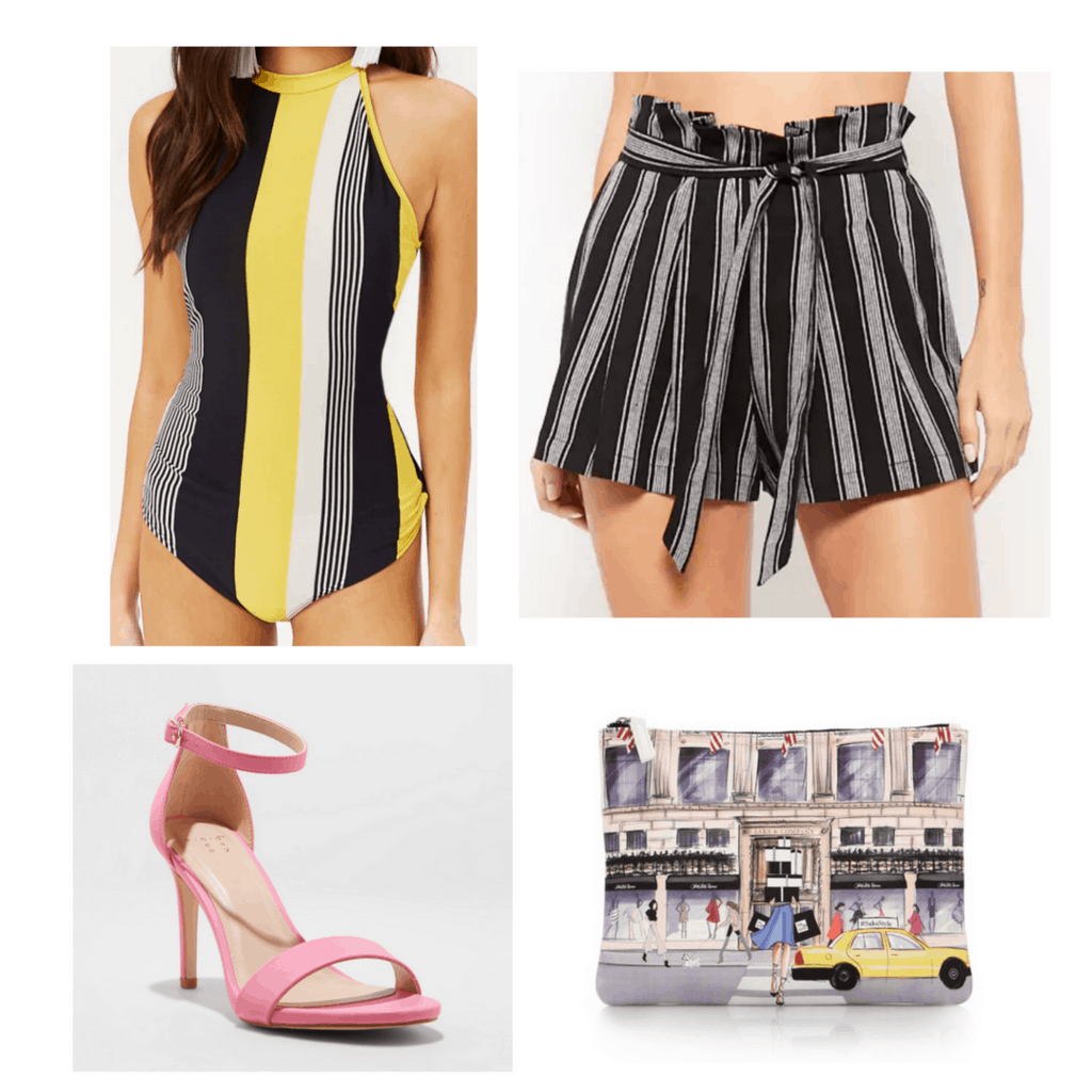 Striped bodysuit with high-waisted striped shorts, heels and clutch