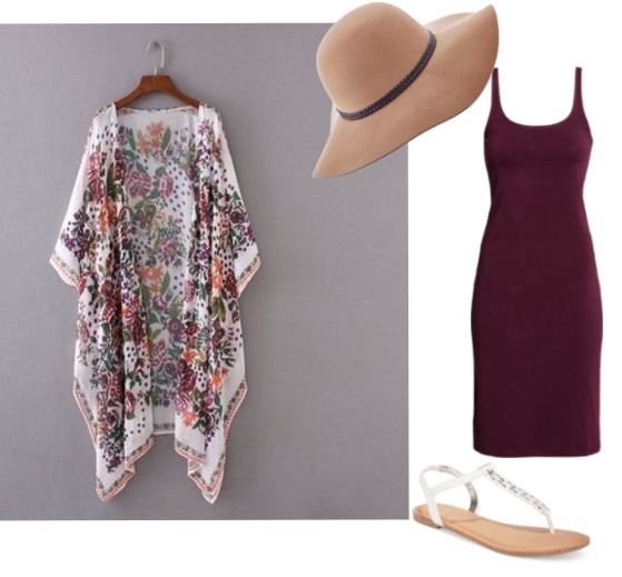 How to wear a floral kimono with a bodycon dress, floppy hat, and beach sandals