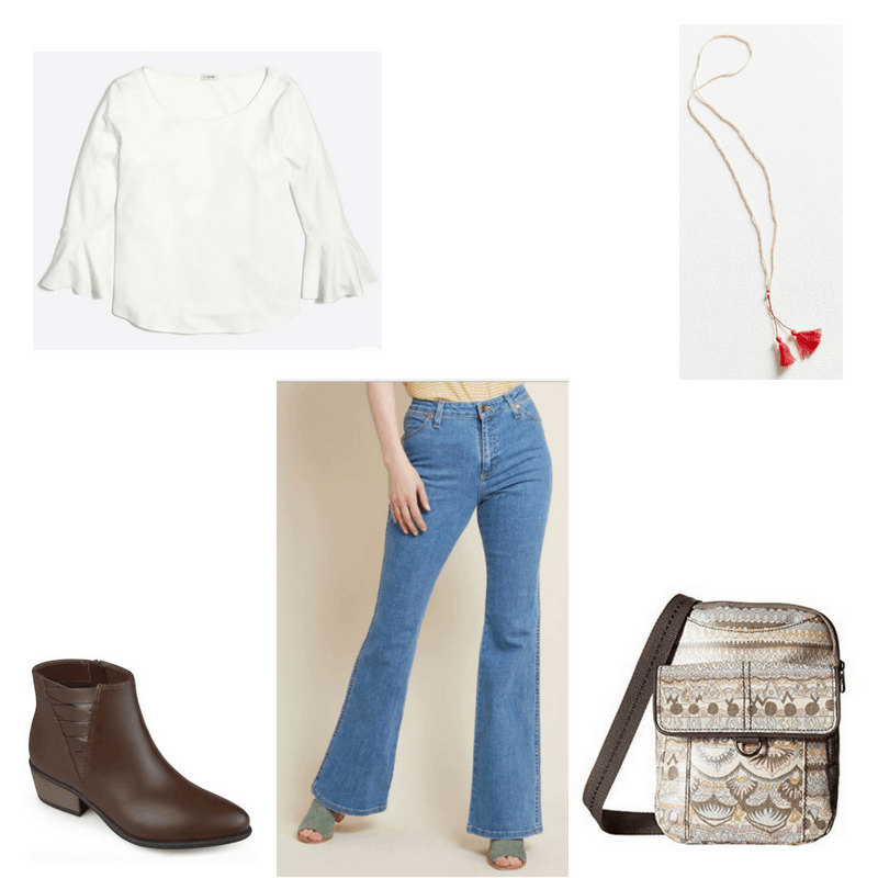 Outfit with white bell-sleeve tee, flared jeans, brown booties, red tassel necklace, and printed messenger bag