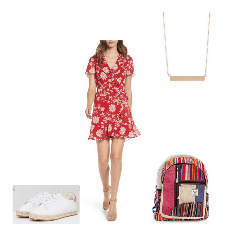 Bohemian outfit with red floral wrap dress, bar necklace, espadrilles, and printed hemp backpack