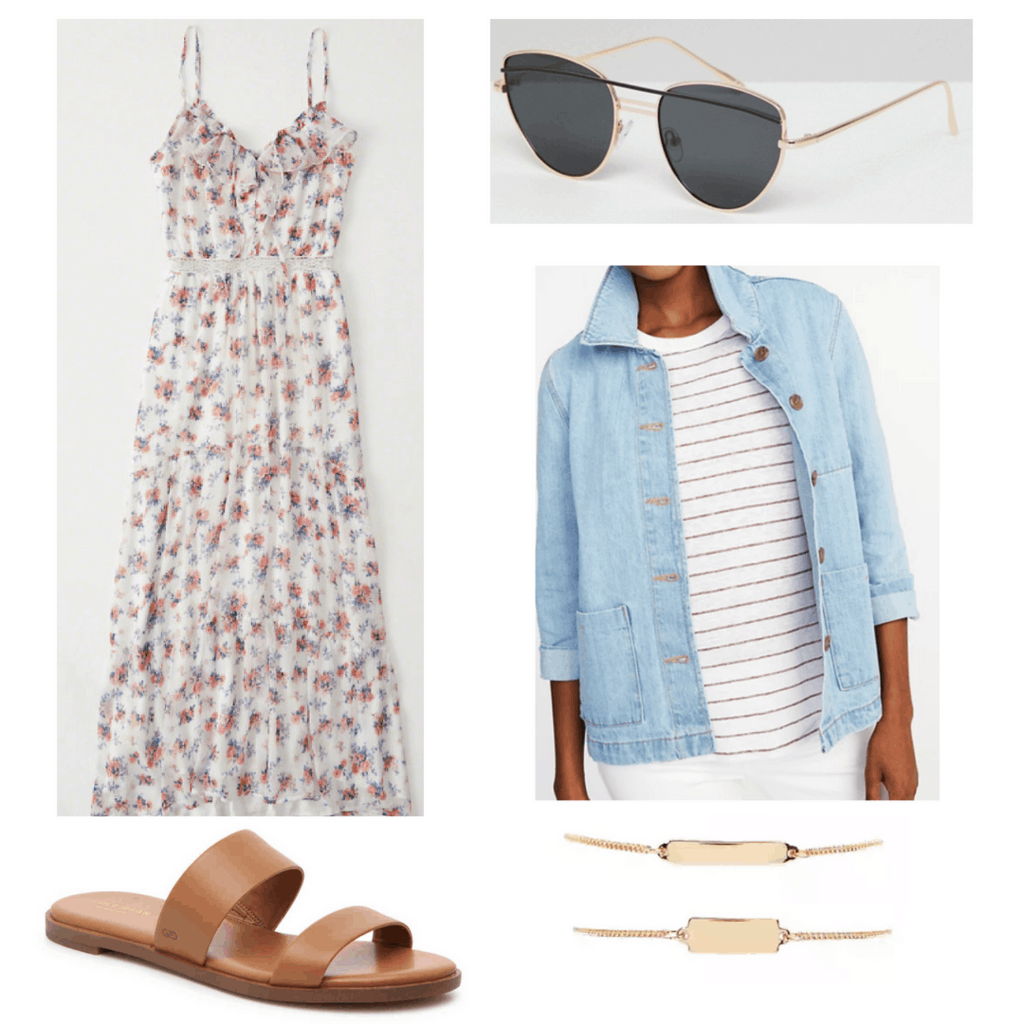 floral maxi dress, slip on shoes, cat-eye sunglasses, denim jacket, gold bracelets