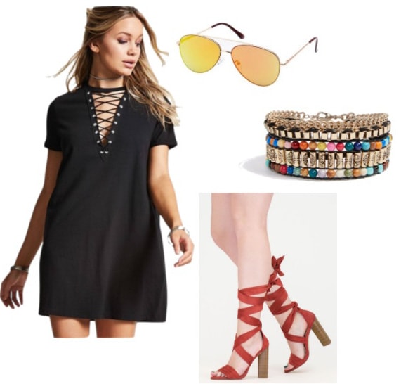 Bohemian styled T-shirt Dress: Black lace-up tee shirt dress, quirky friendship bracelet, red chunky heel lace up sandals, aviator sunglasses