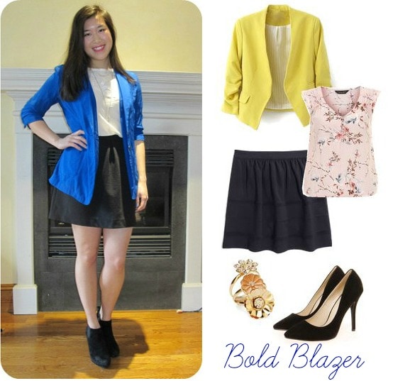 Bold blazer, skater skirt, pumps