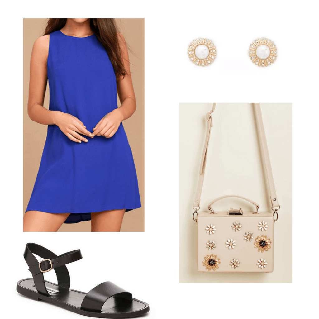 royal blue dress, black sandals, gold and white earrings, embellished bag