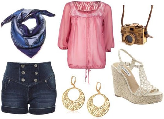 Boogie Nights outfit 1: High-waisted shorts, pink peasant blouse, blue scarf, espadrille wedges, earrings