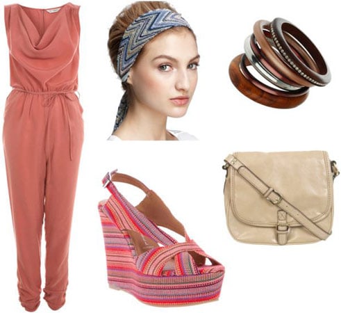 Boogie Nights outfit 2: Jumpsuit, head scarf, platform wedges, bangles, cross-body bag