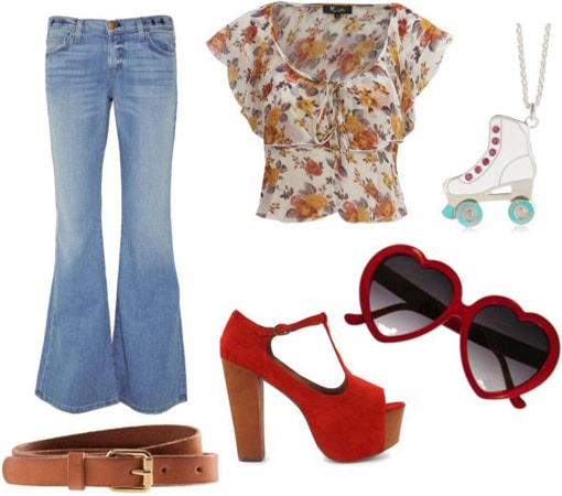 Boogie Nights outfit 3: Bellbottom jeans, floral blouse, Lita boots, belt, lolita sunglassess