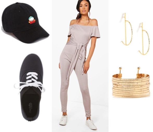 How to style a Boohoo one piece jumpsuit with black sneakers, gold bracelet, gold earrings, and a South Park hat