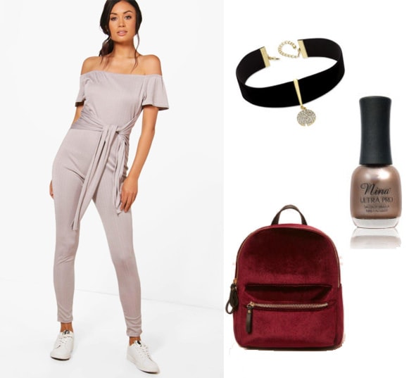 How to style a Boohoo one piece jumpsuit with a choker, velvet backpack and gold nail polish