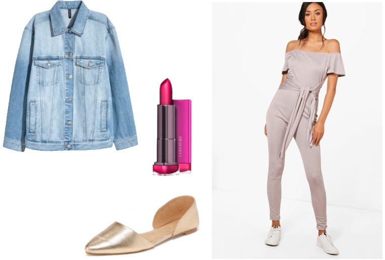 How to style a Boohoo one piece jumpsuit with an oversized denim jacket, gold flats, and bright lipstick