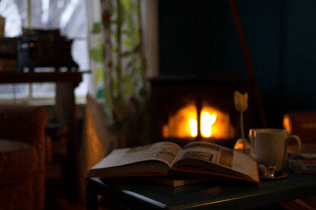 open book in front of fireplace